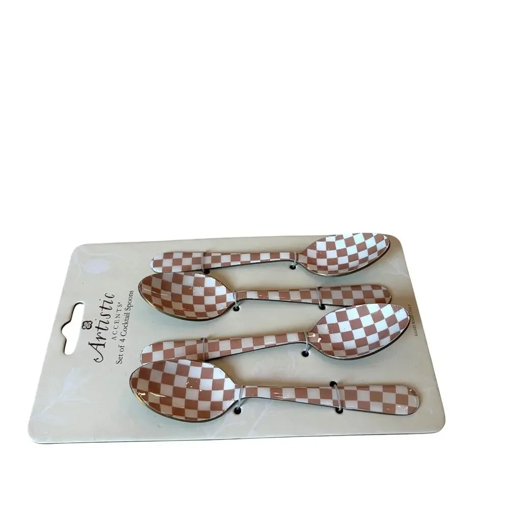 Artistic Accents Checkered Cocktail Spoons Set of 4 Enameled Taupe & White New